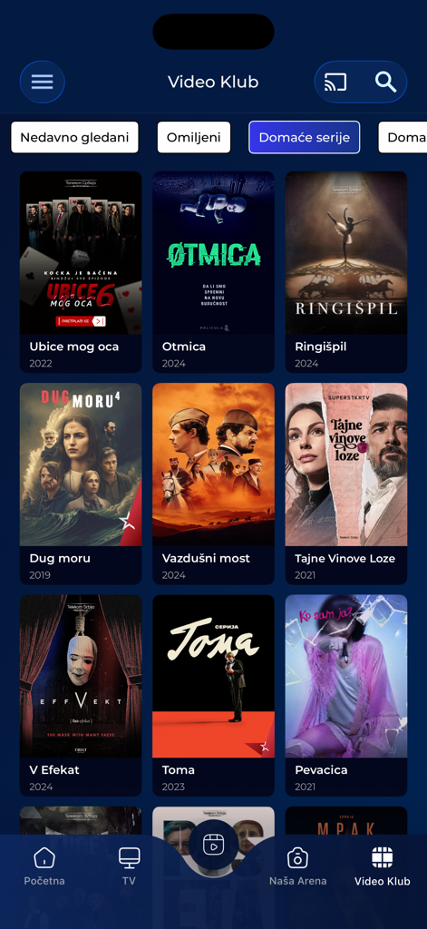 Arena Cloud App Video Klub-Oberfläche mit einer Auswahl beliebter Balkan-Fernsehserien und Filme auf einem mobilen Bildschirm