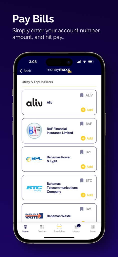 MoneyMaxx - MoneyMaxx mobile Wallet-Bildschirm zur Bezahlung von Stromrechnungen auf den Bahamas