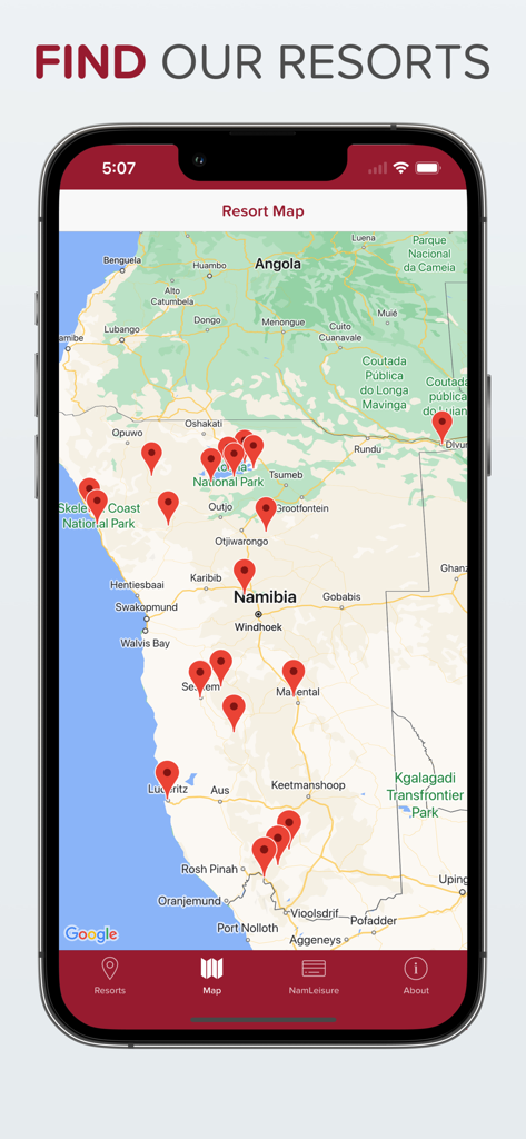 NWR – Namibia Wildlife Resorts - An iPhone screen displaying the Namibia Wildlife Resorts app with a map of Namibia and red pins showing resort locations across the country.