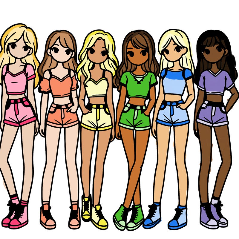 a group of girls wearing crop tops and shorts