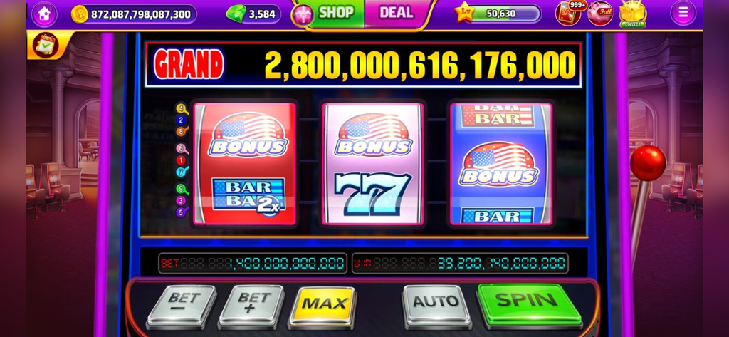 Bravo Classic Slots:777 Slots - Bravo Classic Slots game interface showing a 3-reel machine with a massive grand jackpot and American flag themed bonus symbols