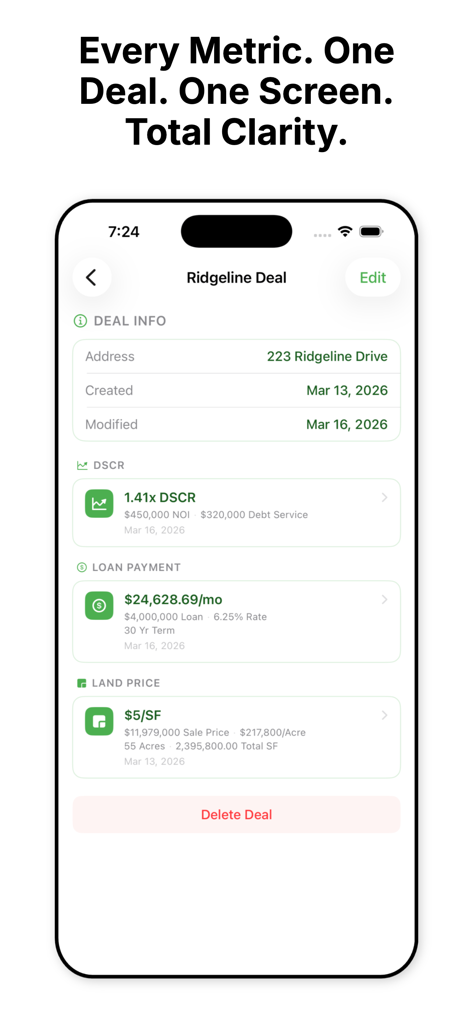 EstiMate CRE - Commercial real estate deal summary on EstiMate CRE app showing DSCR loan payment and land price metrics