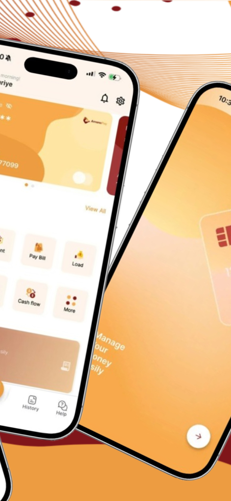 AmanaPay - Panel de la aplicación bancaria móvil AmanaPay que muestra funciones de gestión financiera y opciones de transferencia internacional