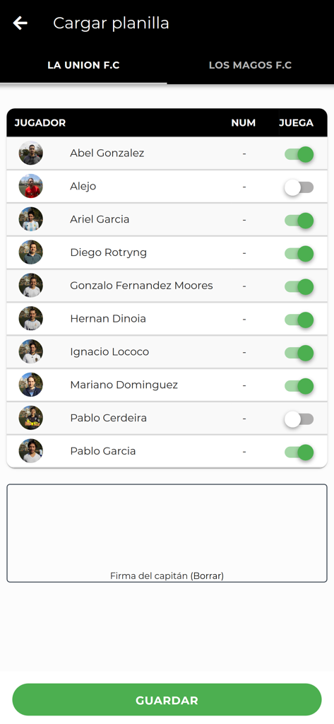 Interface pour gérer les listes d'équipes et la présence des joueurs dans l'application Todo Torneos