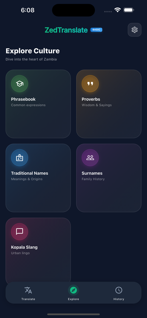 ZedTranslate - ZedTranslate app Explore Culture screen featuring Zambian proverbs traditional names and Kopala slang