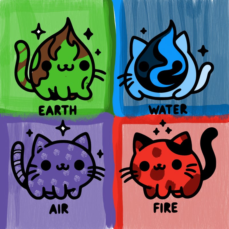4 cats that represent the different elements, earth, water, air, and fire