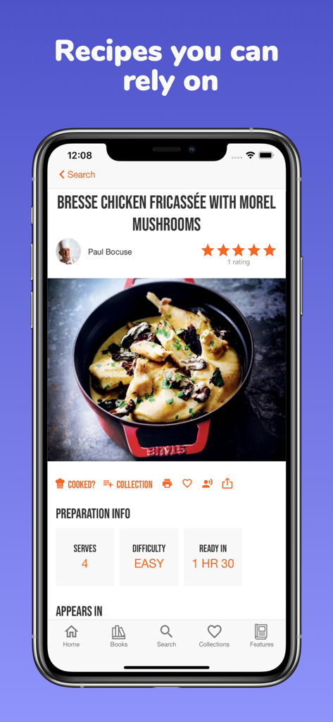 ckbk: discover great cookbooks - Smartphone screen showing a gourmet chicken recipe by Paul Bocuse on the ckbk digital cookbook app