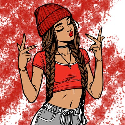 realistic teenage girl with braids and a beanie and crop top doing 🫶🏼