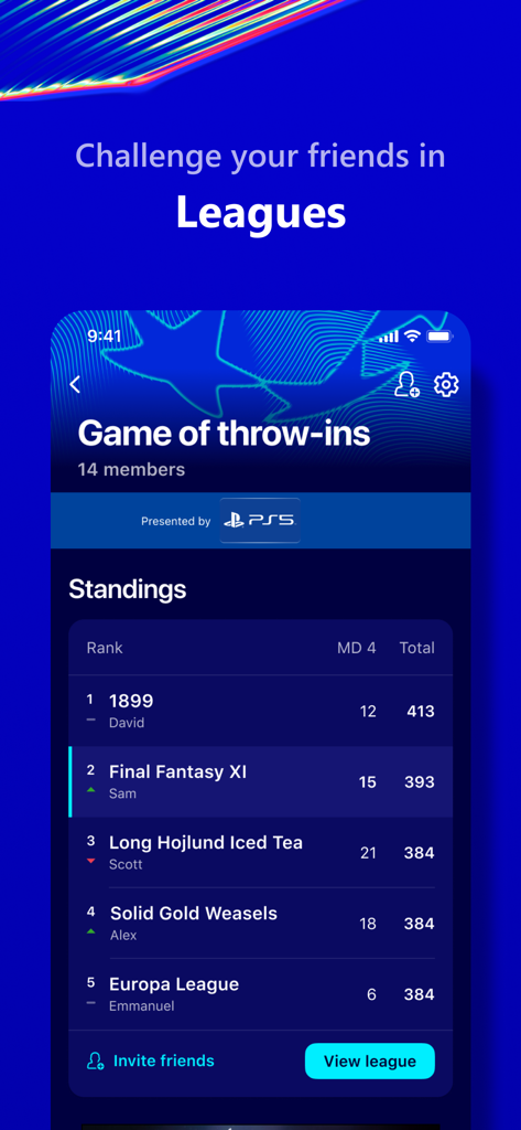 UEFA Gaming app screen showing fantasy football league standings and rankings among friends
