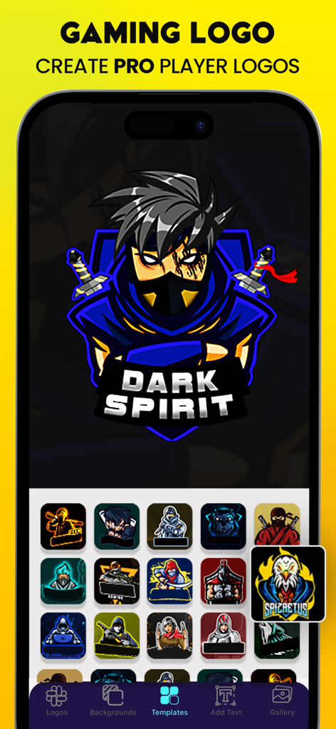 Una interfaz de aplicación móvil para crear logos de gaming profesionales para jugadores que presenta una plantilla de ninja Espíritu Oscuro y varios iconos de equipos de esports.