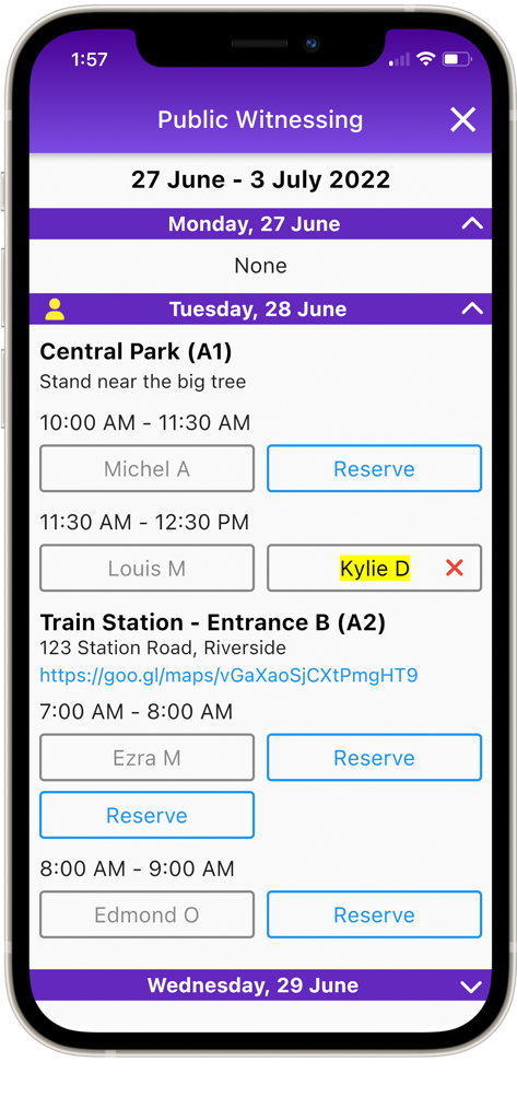 NW Publisher - A mobile app screen showing a weekly public witnessing schedule with time slots and location details for volunteer assignments.
