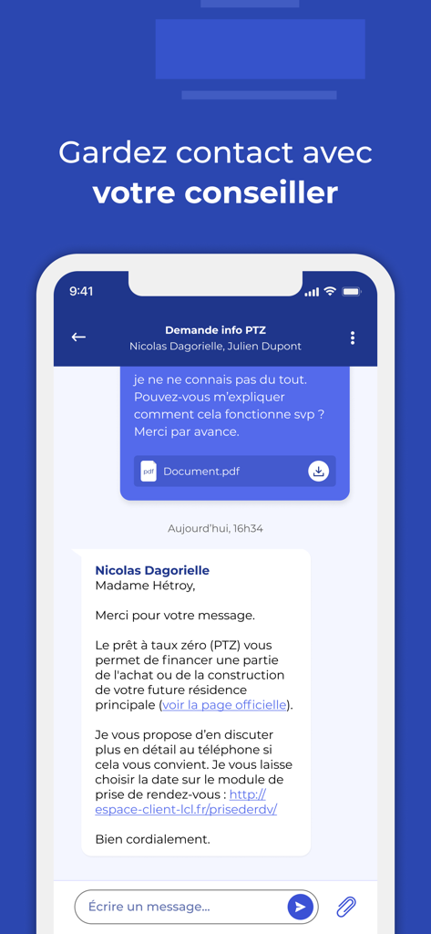 Mes Comptes - LCL - Interface de l'application mobile LCL montrant un chat de messagerie sécurisé entre un client et son conseiller bancaire.