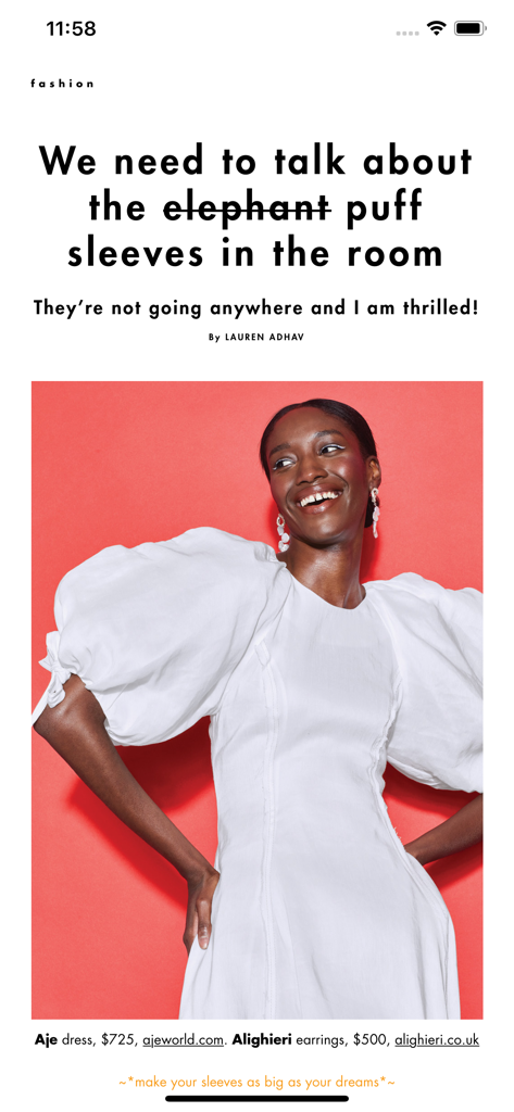 A fashion article in the Cosmopolitan app about puff sleeves featuring a woman in a white dress
