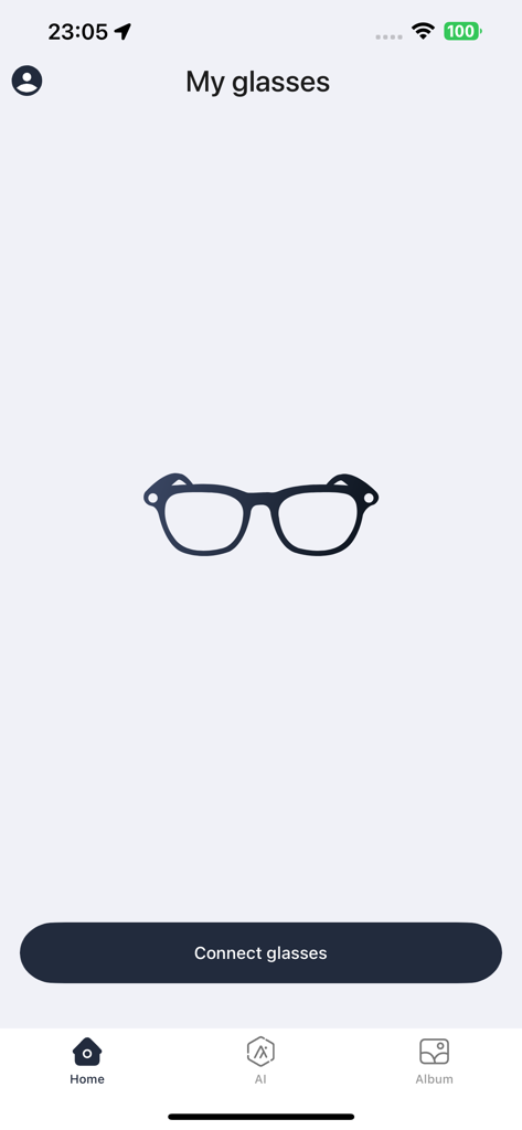 Home screen of the Cyan Glasses app featuring a glasses icon and a button to connect the wearable device.