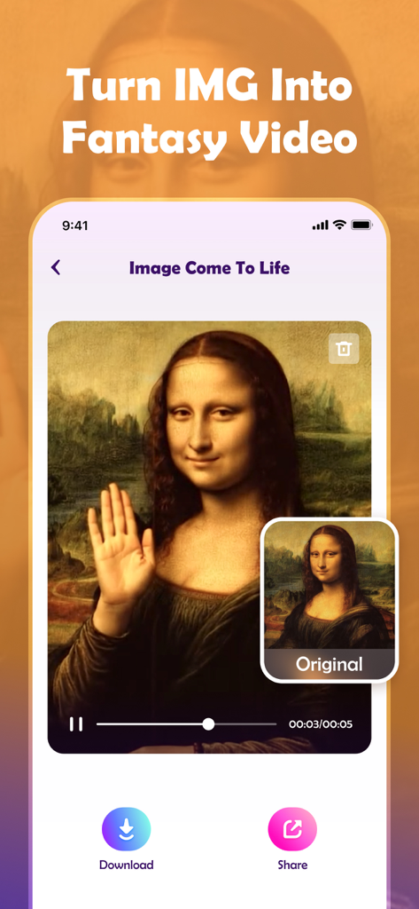 CoCola app feature showing a static portrait of the Mona Lisa animated into a video