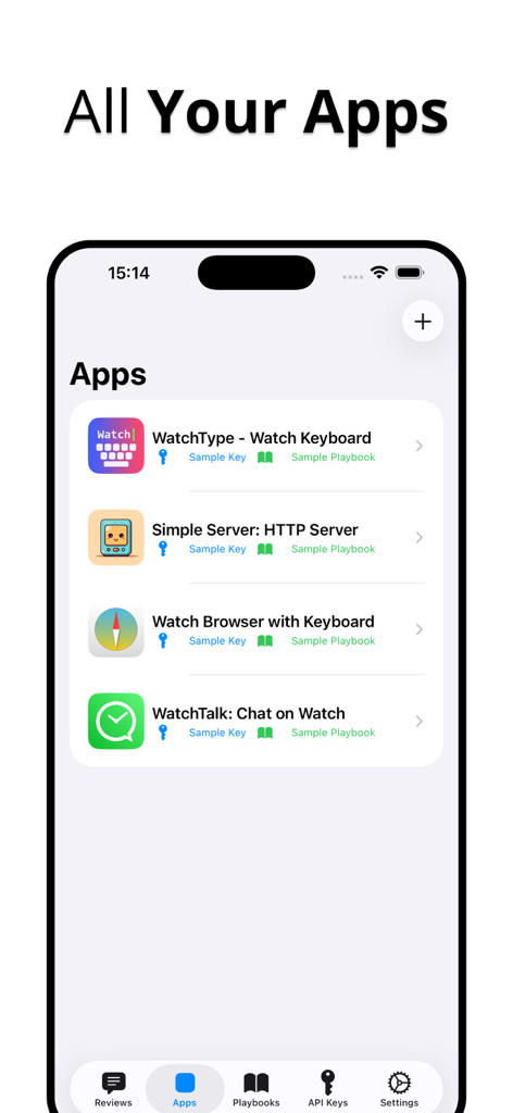 Review Agent: Reply to Apps - Dashboard of the Review Agent app showing a list of connected apps with their associated API keys and playbooks.