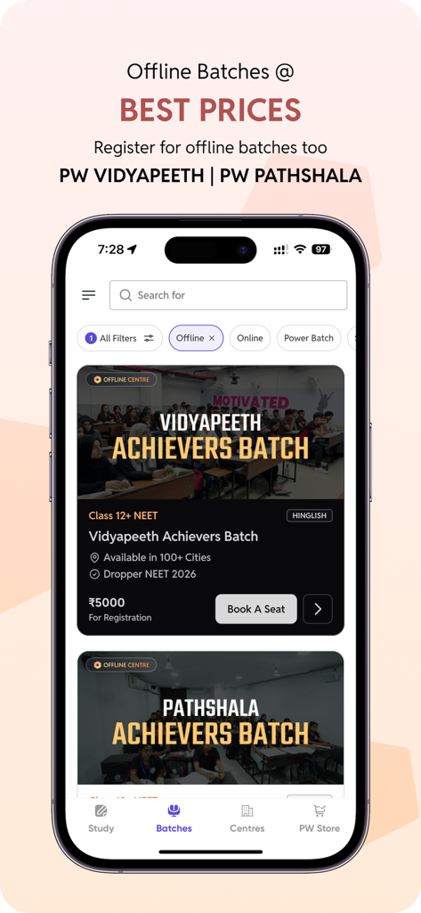Physics Wallah - Physics Wallah mobile app interface showing offline batch options for competitive exam preparation.