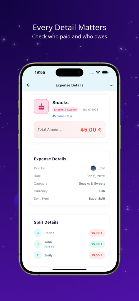 SplitUp – Split & Share Bills - Mobile app screen showing a detailed expense breakdown for snacks split equally between three people