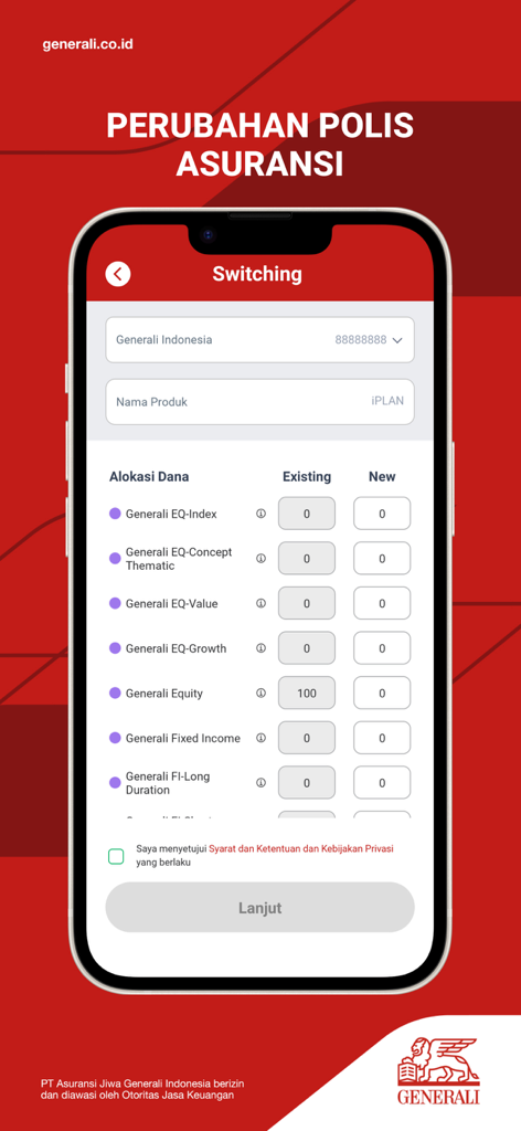 Gen iClick - Asuransi & DPLK - A mobile phone screen from the Gen iClick app showing the switching interface for insurance policy fund allocation.