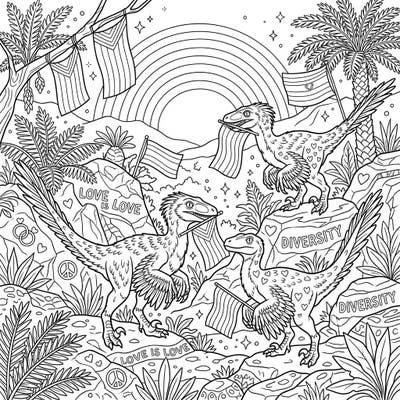 Journey back to the Cretaceous period where magnificent Velociraptors celebrate love and diversity in their vibrant habitat. This unique coloring page combines prehistoric wonder with the joyous spirit of Pride Month, inviting colorists to add their personal touch.