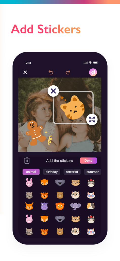 Photo Collage Maker：Pic Grid - Interfaz de la aplicación Photo Collage Maker que muestra cómo añadir lindas pegatinas de animales a una imagen.