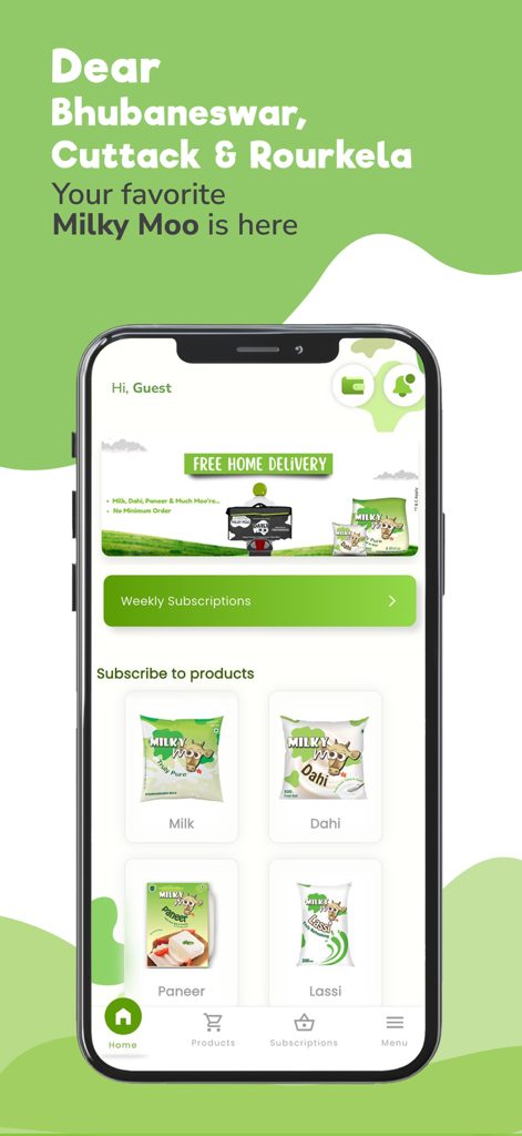 DailyMoo - DailyMoo app home screen featuring milk and dairy products with a free home delivery banner.