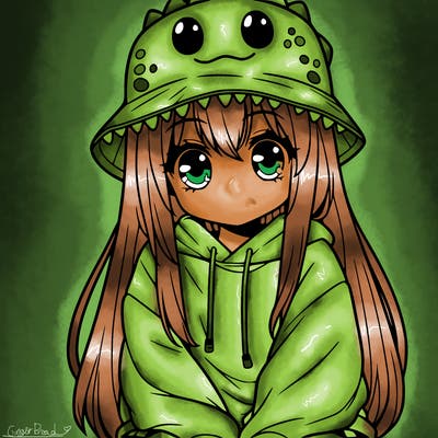 girl with anime shaped eyes with a dinosaur bucket hat oversized sweatshirt long straight hair