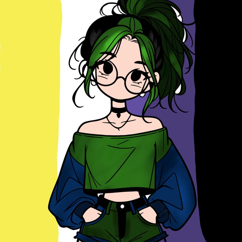 girl with a messy ponytail glasses a baggy crop top and jean shorts