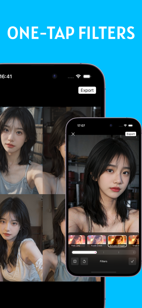 GlowCam app interface showing professional selfie filters with a female portrait