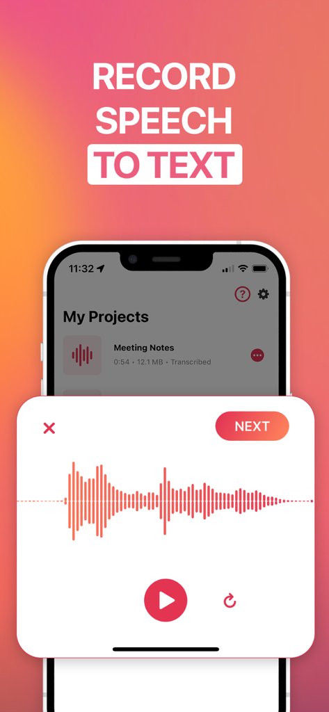 Transcribe Audio Video Voice - Una pantalla de smartphone que muestra una interfaz de grabación de audio con una onda roja para la aplicación Transcribe Voz a Texto