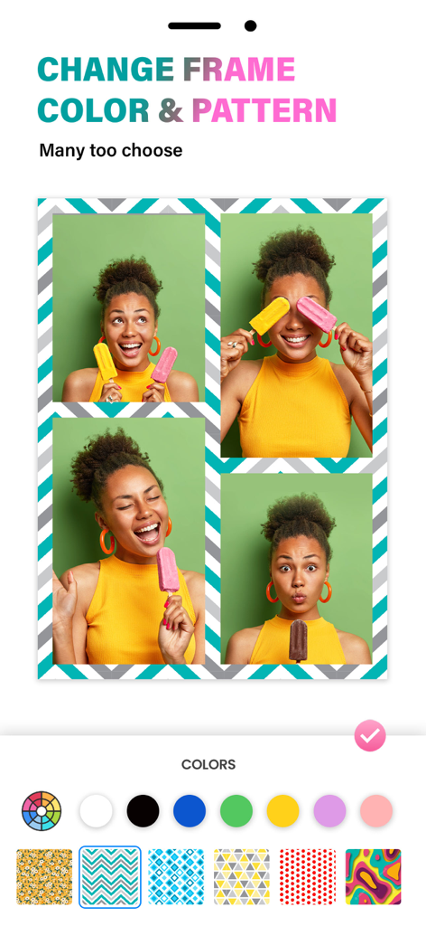 Uma colagem de quatro fotos com uma moldura de chevron verde-água e cinza mostrando opções de personalização de cores e padrões no aplicativo.