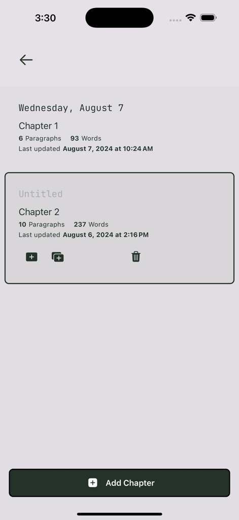 Jot Writer - Pantalla de la aplicación móvil Jot Writer que muestra la lista de capítulos con recuentos de palabras y herramientas de edición