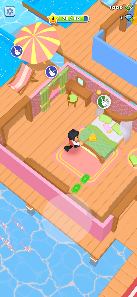 My Beach Resort! - Un personaje limpiando una suite de hotel de lujo sobre el agua en el juego móvil Mi Resort de Playa.