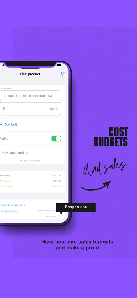 Oberfläche einer mobilen App, die die Berechnung der Endproduktkosten und Gewinnmargen auf einem iPhone-Bildschirm zeigt