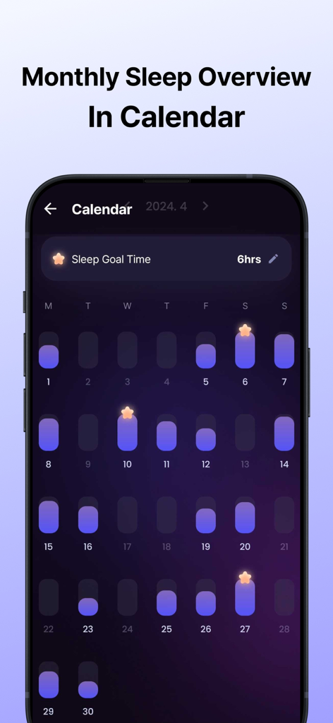 Sleep Routine: Tracker&Alarm - Monatliche Schlafübersicht im Kalender der Sleep Routine App mit täglichen Fortschrittsbalken und Zielsternen
