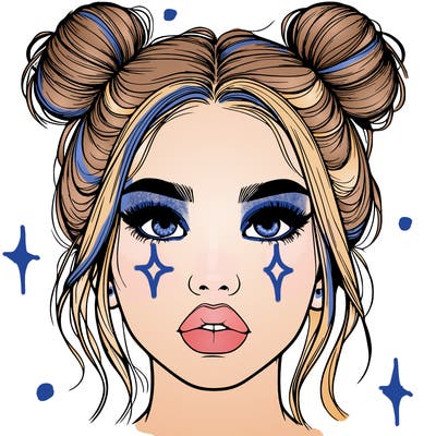 realistic girl with two buns on her hair and lips