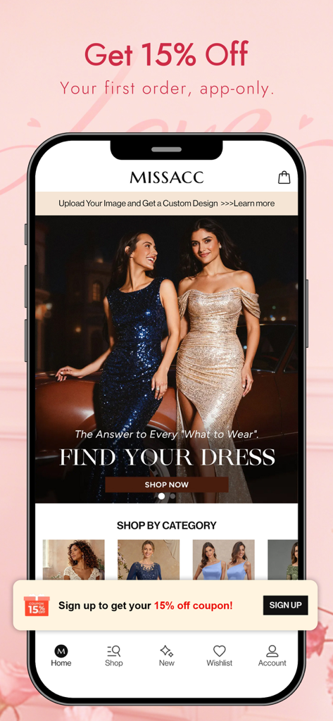 Écran d'accueil de l'application MISSACC présentant des robes de soirée élégantes et une offre de réduction de quinze pour cent