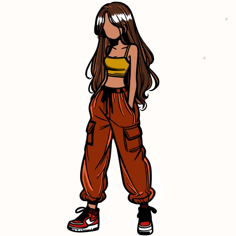 girl in baggy pants crop top and long hair