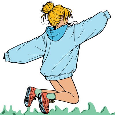 realistic girl jumping with a bun and oversized sweatshirt