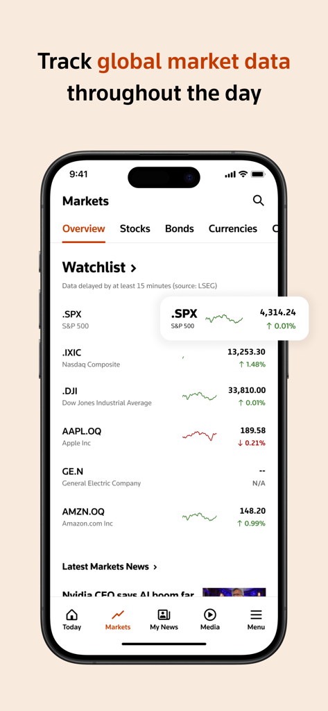 Reuters - Breaking World News - Tela de Mercados do aplicativo Reuters mostrando índices de ações globais e uma watchlist personalizada com dados em tempo real