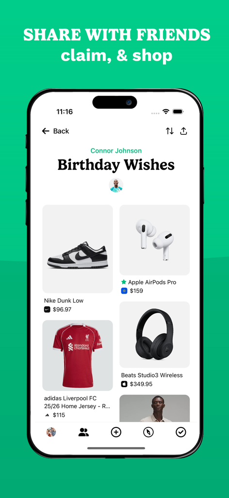 Giftful mobile app interface showing a shared birthday wishlist with items from various online retailers