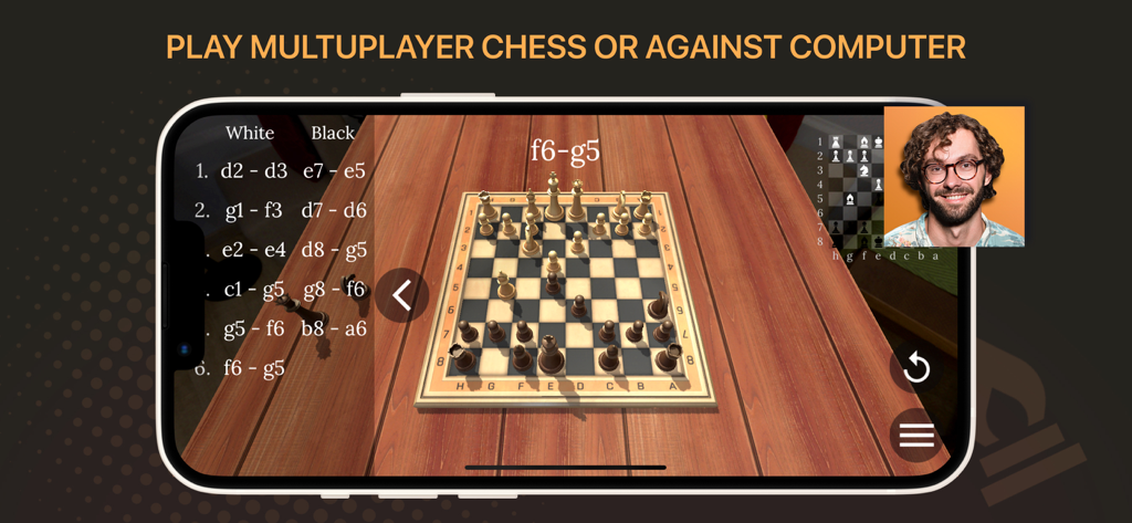 Interfaz de tablero de ajedrez 3D en un smartphone mostrando notación de movimientos y modo multijugador