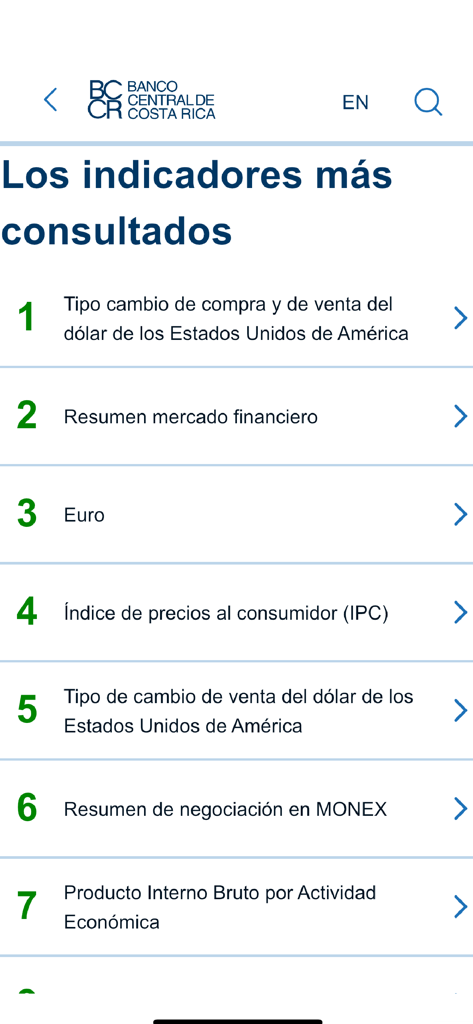 List of popular economic indicators in the Central Bank of Costa Rica app showing exchange rates and financial summaries