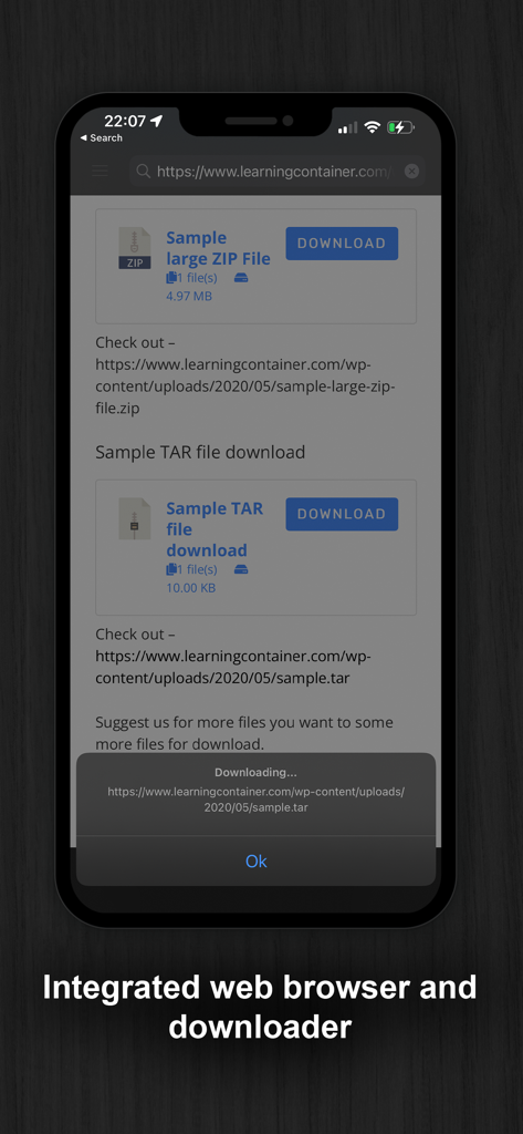 統合Webブラウザとファイルダウンローダーツールを特徴とするDocuments Proアプリのスクリーンショット。
