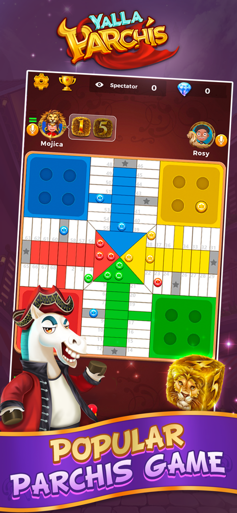 Yalla Parchis - Yalla Parchis mobile board game interface showing a colorful multiplayer board and voice chat icons