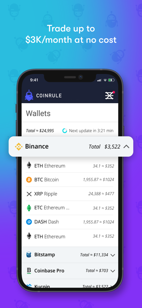 Coinrule Crypto Trading Bot - La aplicación Coinrule muestra los saldos de las billeteras de criptomonedas en múltiples exchanges como Binance y Coinbase Pro.
