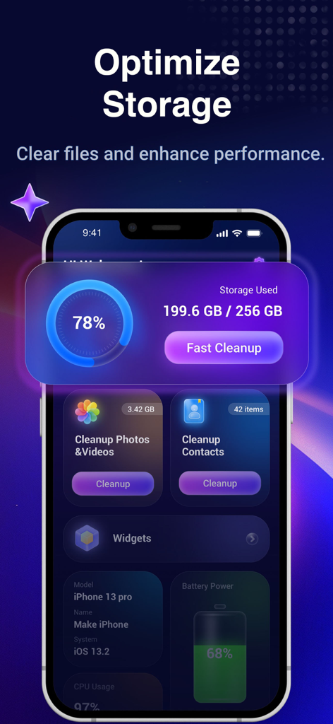 Quick Cleaner:Clean Up Storage - Quick Cleanerアプリのインターフェース。写真と連絡先のストレージ使用量とクリーンアップツールが表示されています。