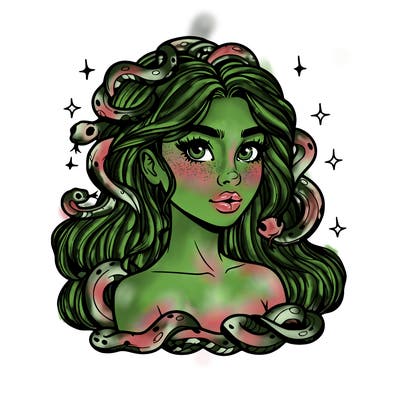 realistic girl with snakes as hair