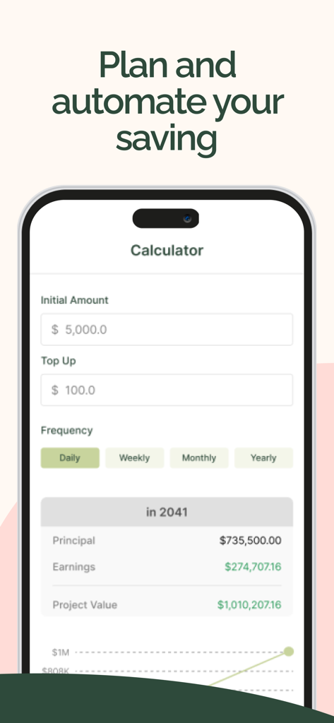 Blossom – Save & Invest. - A savings calculator screen in the Blossom app showing projected earnings and investment growth based on daily top-ups.