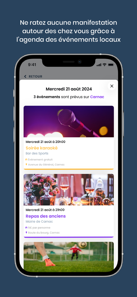 Mon Village - infos & services - Mobile app screen showing a list of local events in the town of Carnac including karaoke and a seniors meal